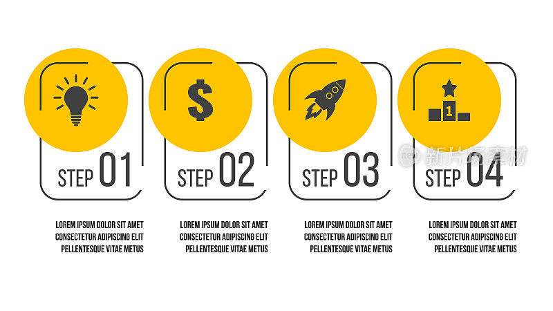 4 .步骤业务流程图。四选项矢量信息图模板。战略或营销计划流程图。带有黄色圆形图标的显示布局。
